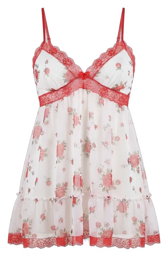 Babydoll blanco con estampado de rosas rojas y olán