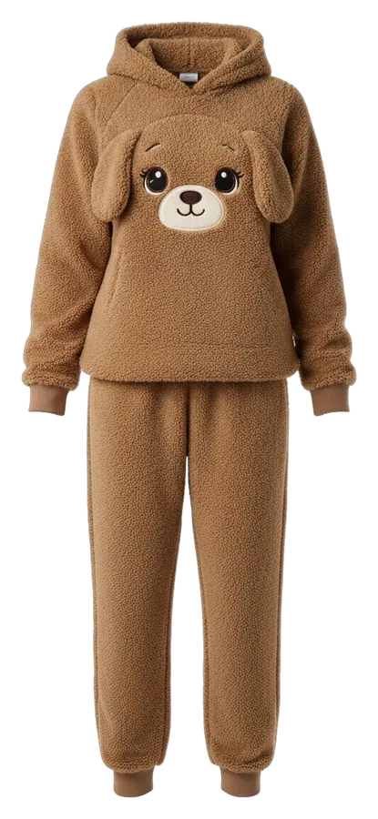 Pijama de peluche café con perrito bordado